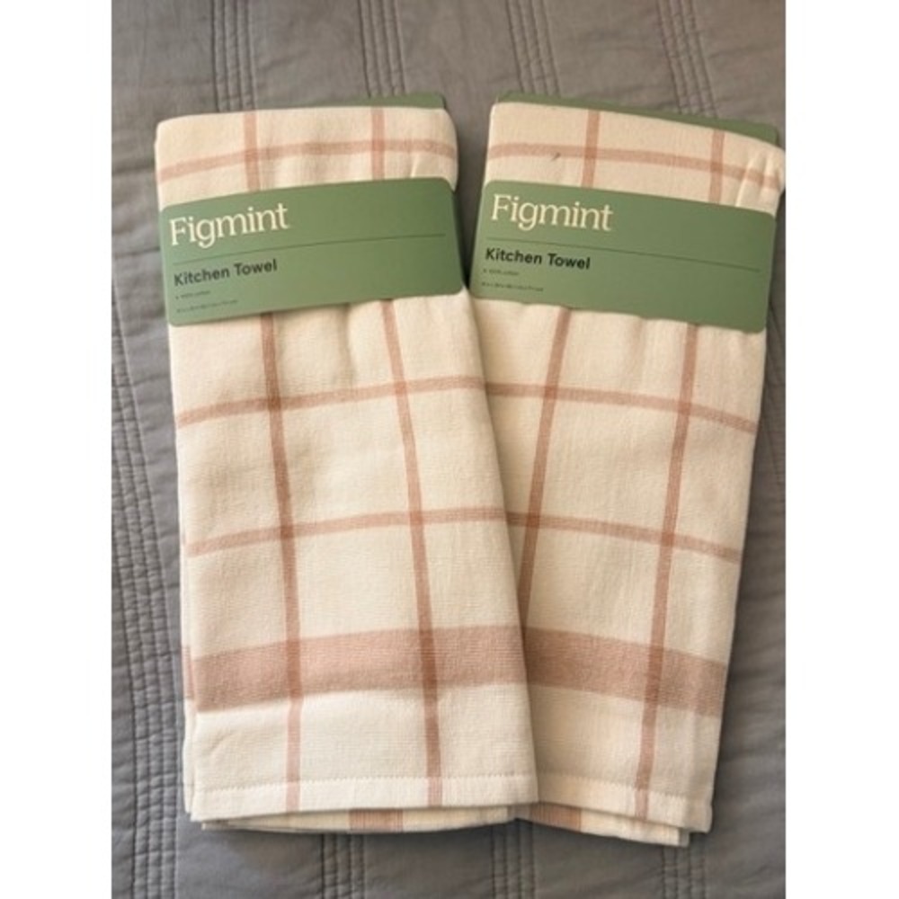 Figmint Kitchen Towel Set Unisex 18x28 Off-White New Plaid Cotton 2-Pack‎
